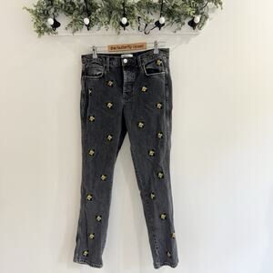 Zara Black Yellow Floral Embroidered Slim Full Length Straight Jeans Size 8 XX11